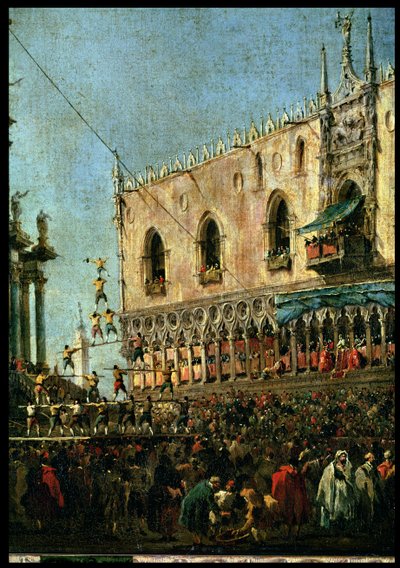 De Doge tijdens het Vastenavondfeest op de Piazzetta, Venetië, detail van de acrobaten door Francesco Guardi